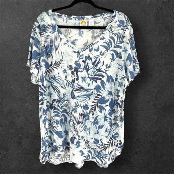C&C California Women's Linen Floral Leaf Print Short Sleeve Top Blue Size 2X - Picture 1 of 11